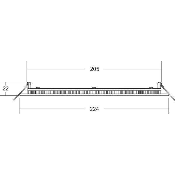 Genomskärningsritning av en rund infälld spotlight med måttangivelser: Diameter 224 mm, inbyggnadsdjup 22 mm, ljusenhet 205 mm.