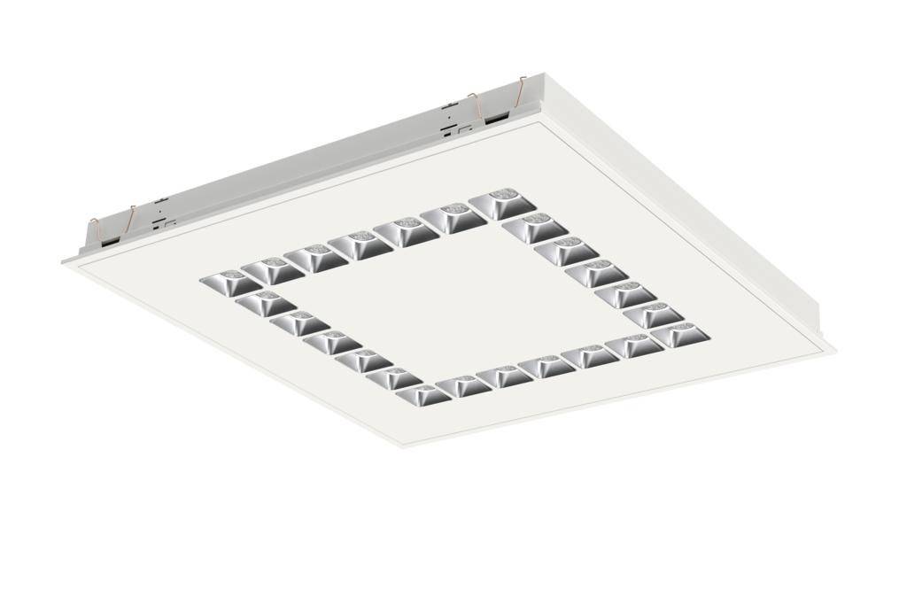 Vit kvadratisk LED-taklampa med integrerade reflektorer, lämplig för moderna interiörer och kontorsmiljöer.