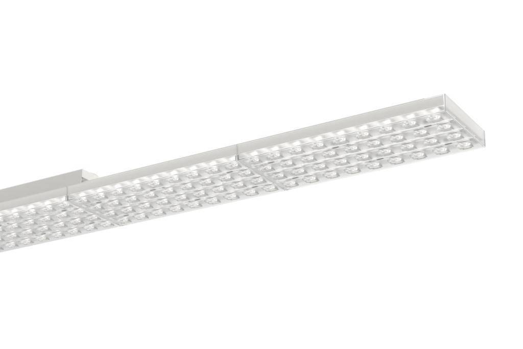 En modern, avlång LED-taklampa med rena linjer och många små ljuspunkter som ger ett jämnt ljus.