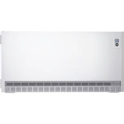 En vit luftkonditionering med en display och kontrollknappar i det övre högra hörnet. Ventilationsöppningar finns längst ner.