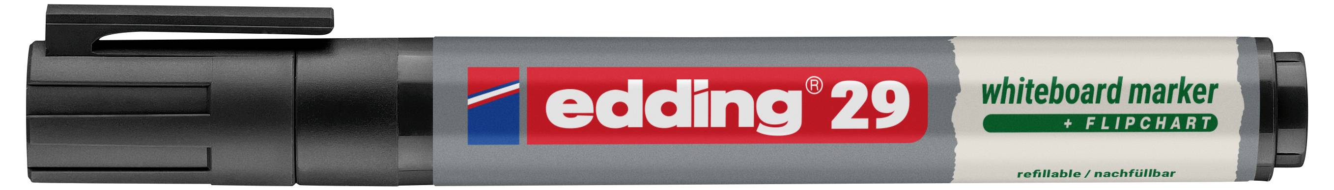 Svart Edding 29 whiteboard-marker med kork på, märkt med "edding 29" och "whiteboard marker" i röd, grön och grå förpackning.