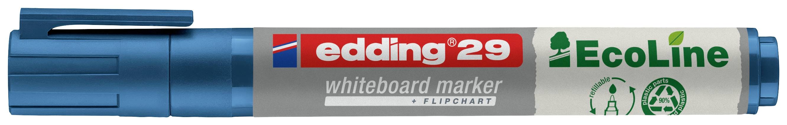 En blå whiteboardpenna från edding, modell 29, från EcoLine-serien, lämplig för whiteboards och blädderblock.
