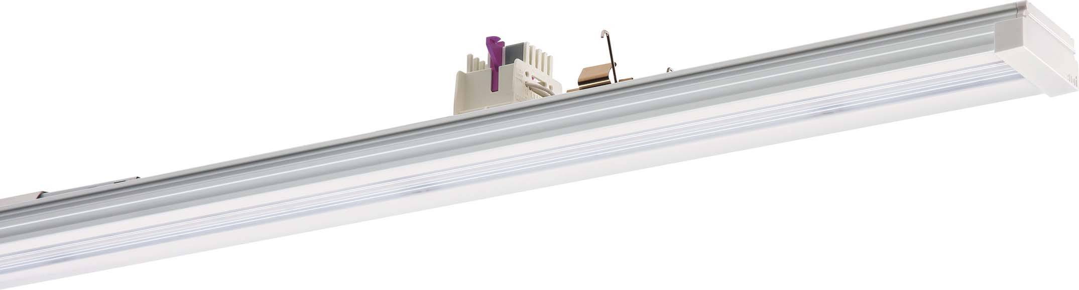 LED-ljusslinga med vitt hölje och integrerad elektronik, lämplig för montering i innertak.