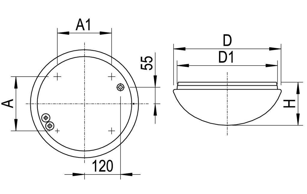 Konstruktionsritning för en halvsfär med mått: Diameter A=120, Höjd H=55. Sidovy visar A1, D1, D.