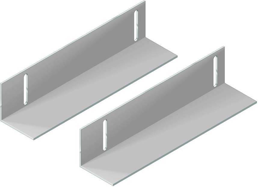 Två grå metallvinklar med långhål för montering, placerade bredvid varandra.
