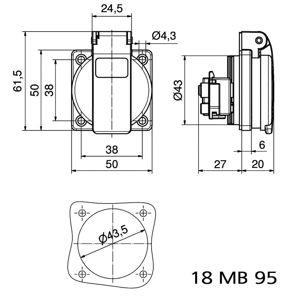 Teknisk ritning av en elektrisk kontakt med dimensioner i millimeter. Huvudvy och sidovy visar måtten.