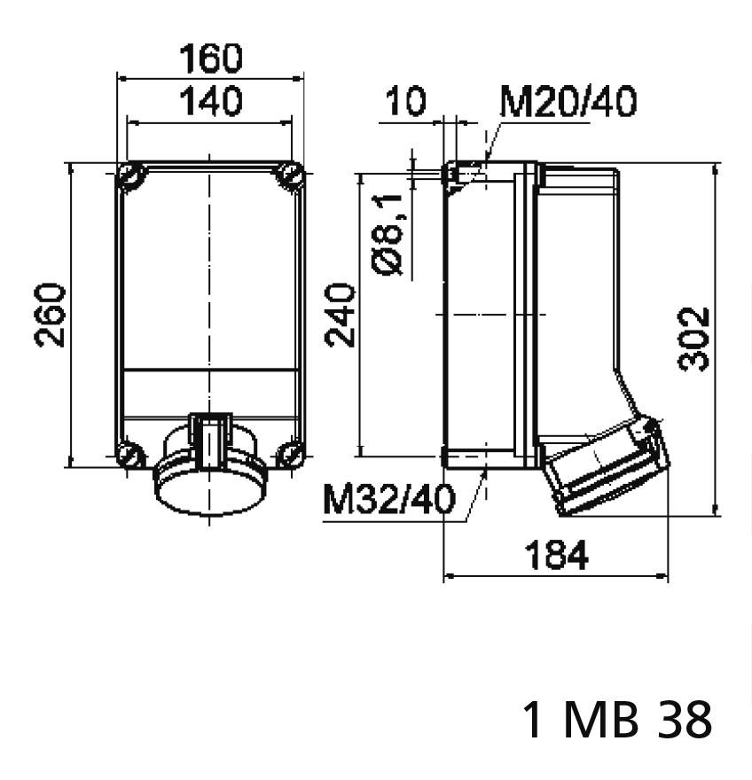 Teknisk ritning av ett rektangulärt hölje med följande mått: höjd 260 mm, bredd 160 mm, djup 302 mm, gängor M20/40 och M32/40.