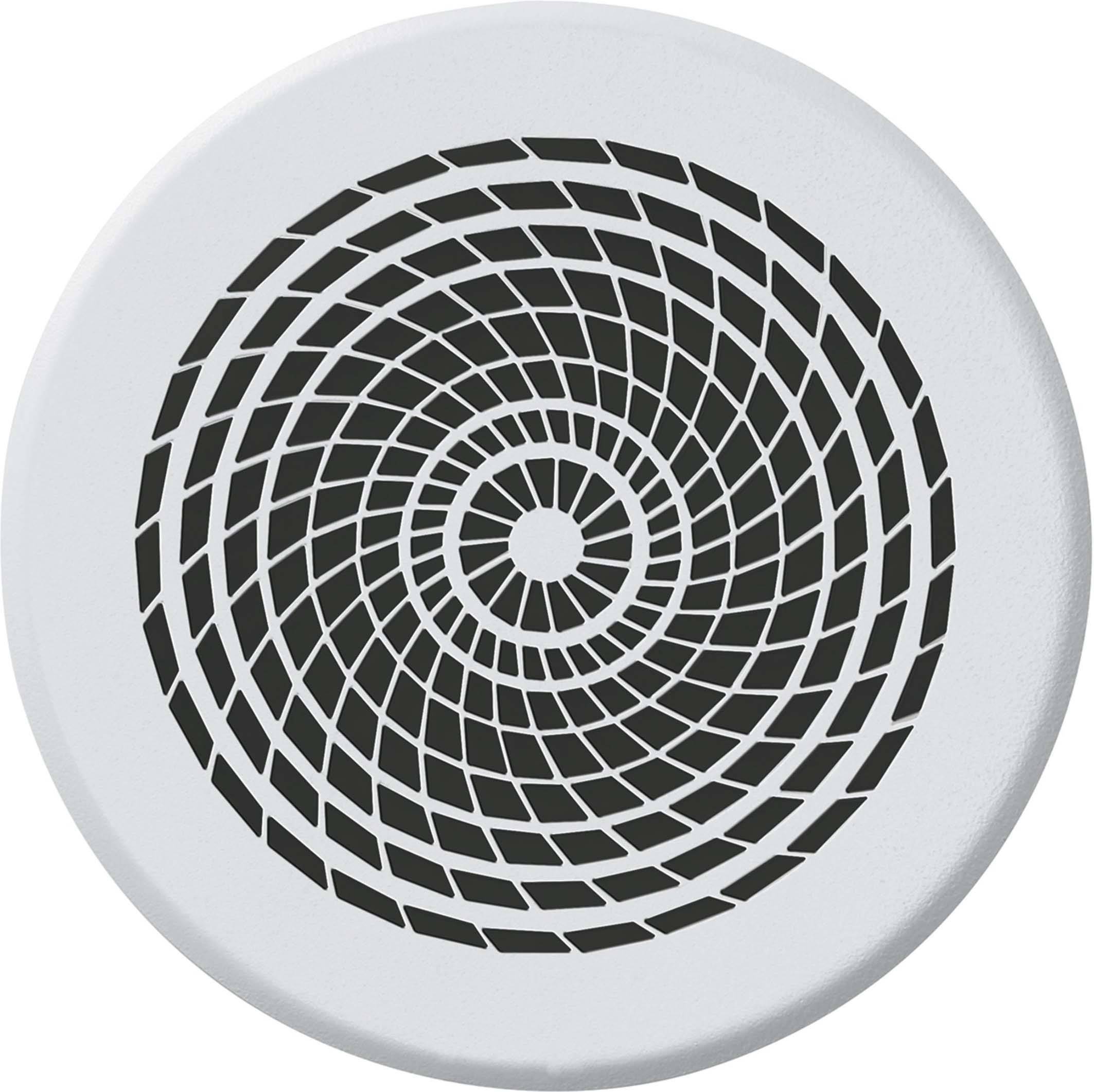 Vit, rund brandvarnare med svart, spiralformat galler i mitten.