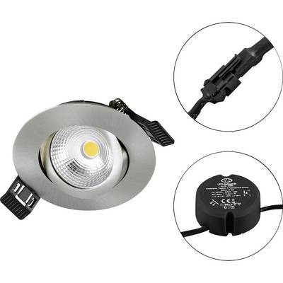 En rund LED-infälld spotlight med silverfärgad ram och gult lysande element, visar anslutningskabel och transformator i detaljvyer.
