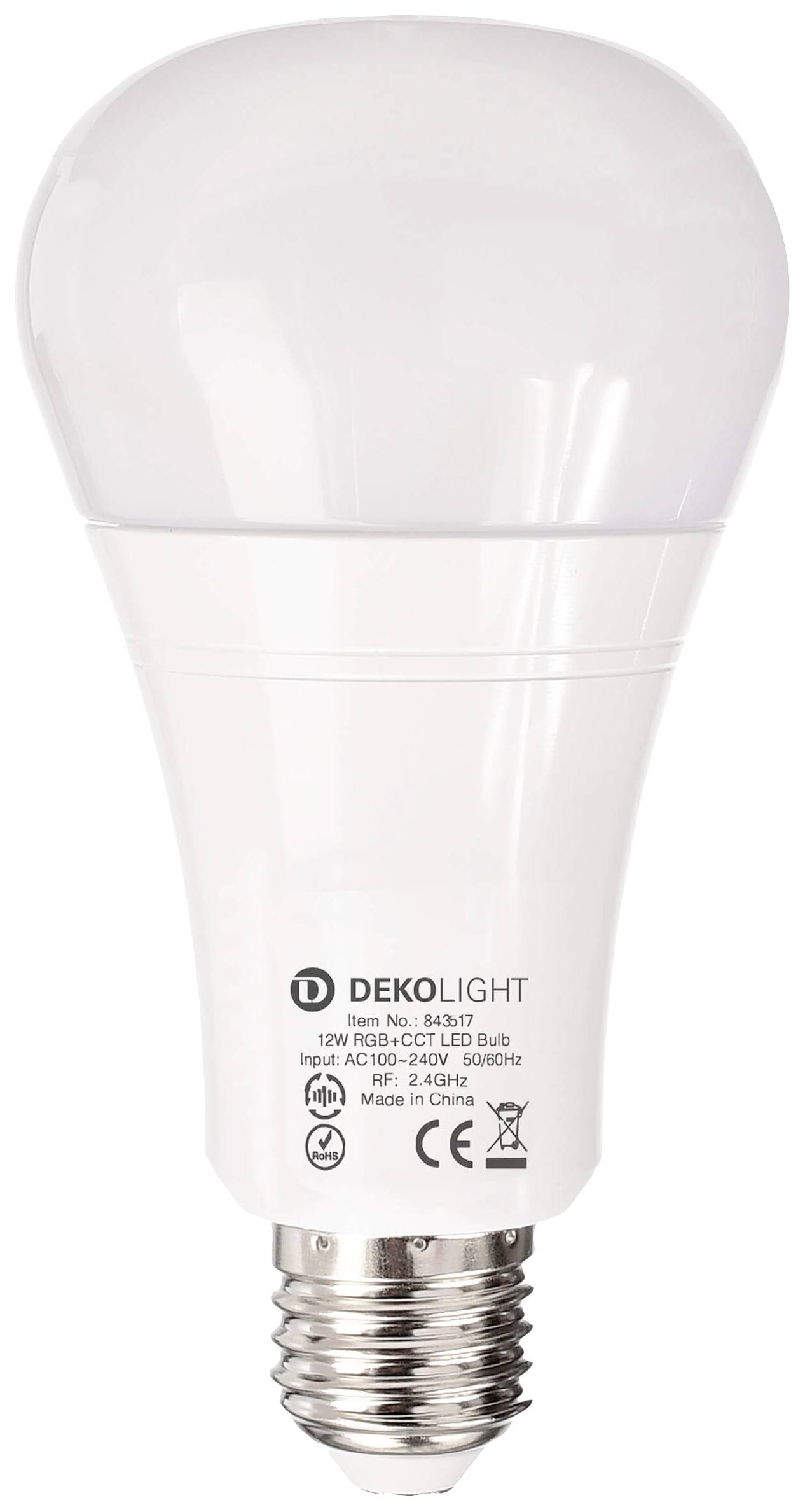 En vit LED-glödlampa med standardgängat fäste. Trycket visar tekniska data och tillverkarinformation 'DEKOLIGHT'.