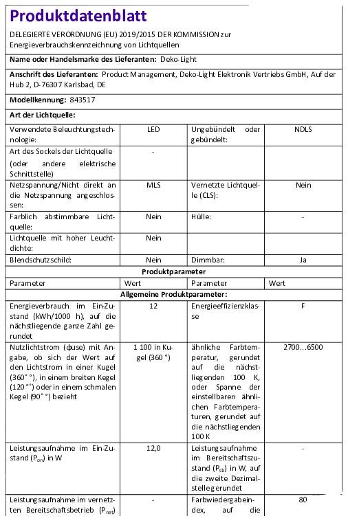 Produktdatablad för LED-ljuskälla. Tillverkare: Deko-Light. Artikelnummer: 843517. Ljusflöde: 690 lm, Effektförbrukning: 4,7 W, Energiklass: F.
