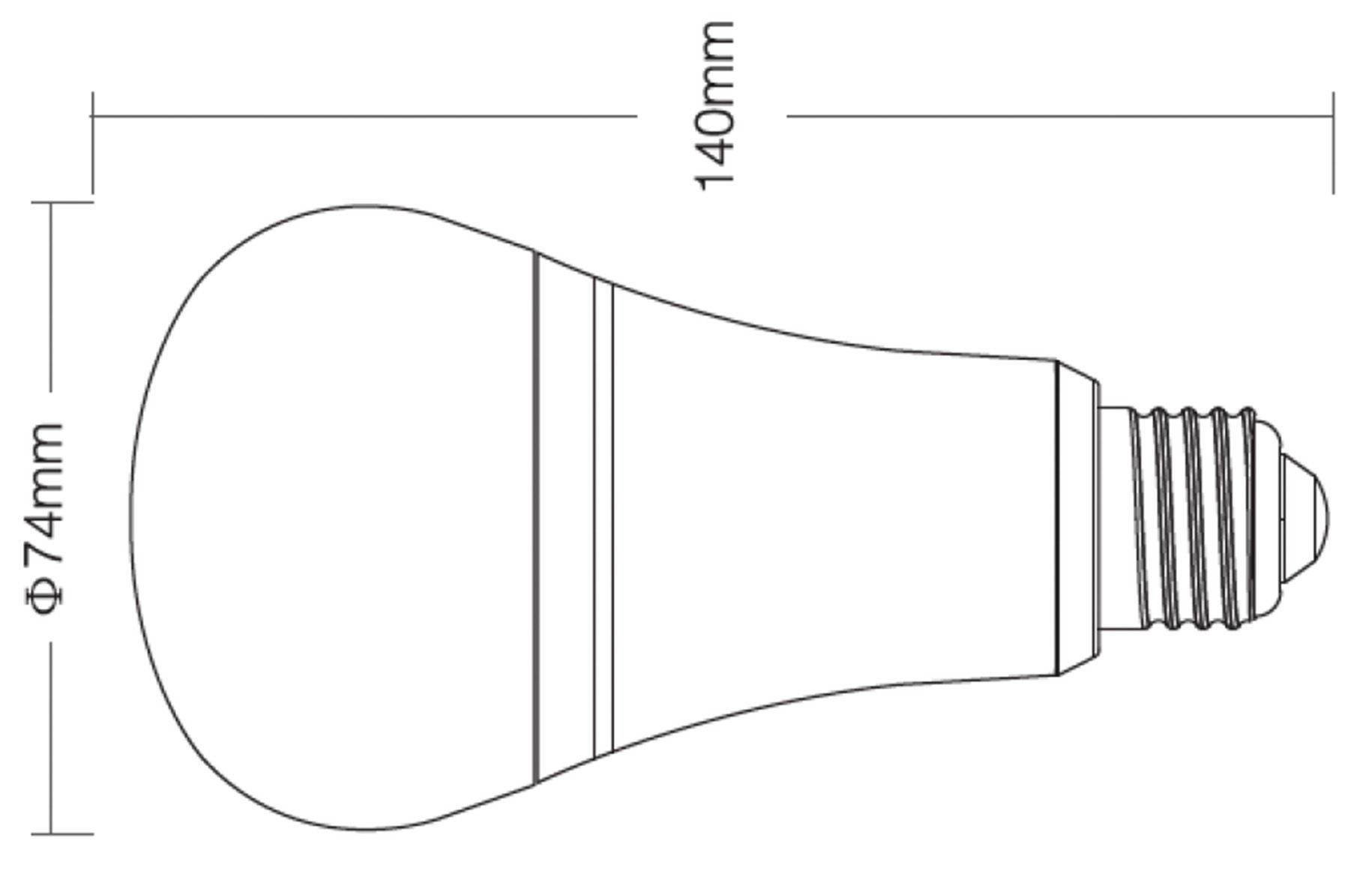 Illustration av en glödlampa med måtten 74 mm i diameter och 140 mm längd.