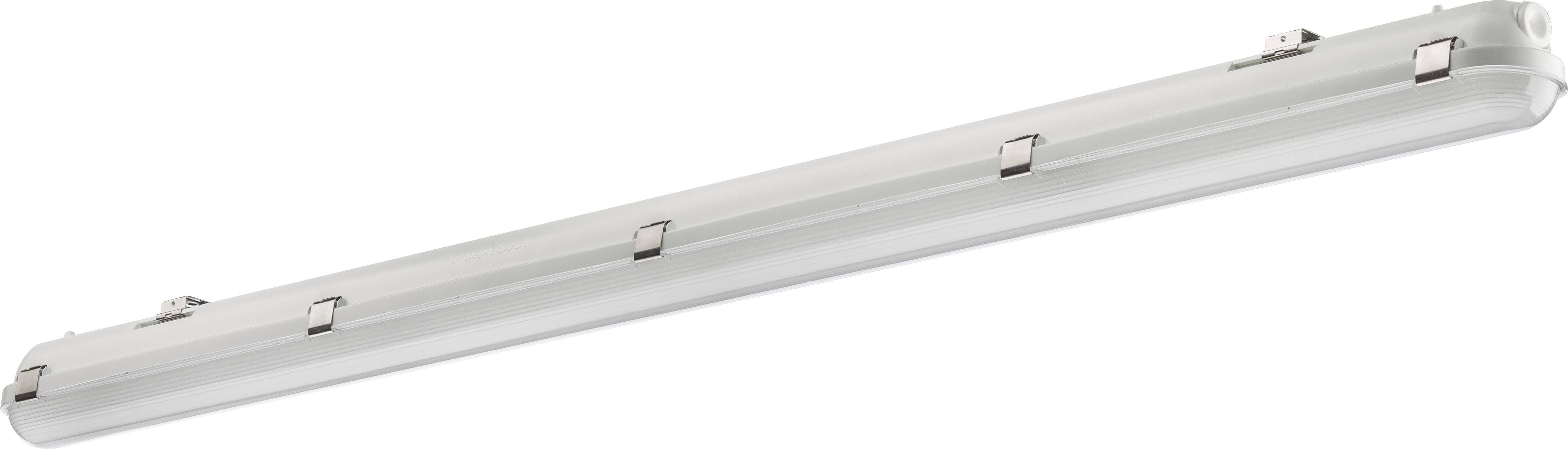 En avlång LED-armatur med en smal, neutral design, lämplig för industriell eller kommersiell belysning.