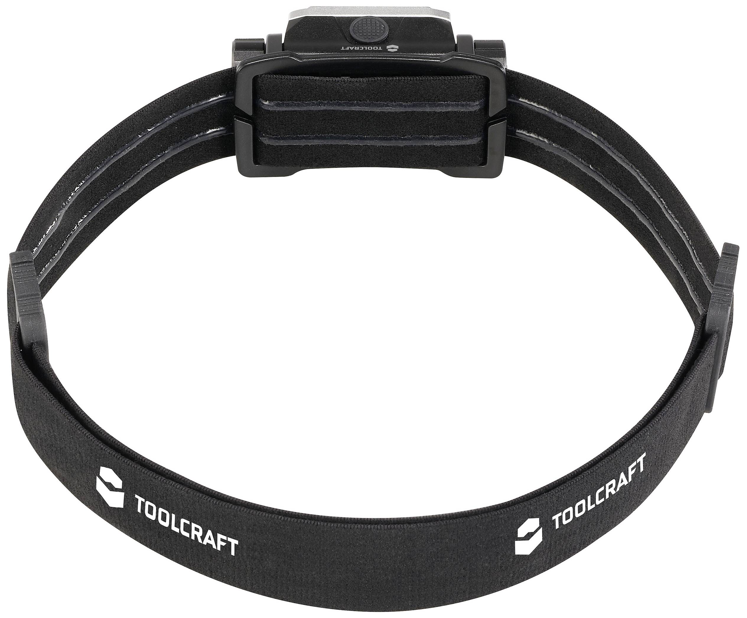 Svart TOOLCRAFT pannband med justerbart spänne. Visar baksidan med spännet. Användbart för handsfria arbeten i mörker.