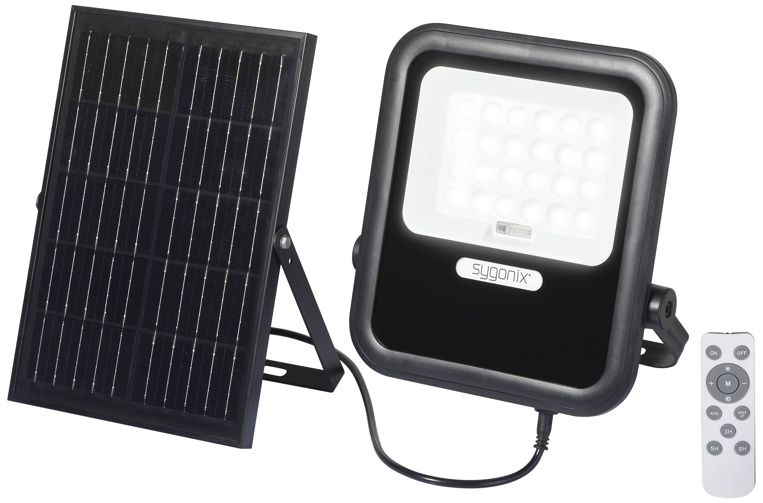 Soldriven LED-strålkastare med separat solpanel och fjärrkontroll, lämplig för energieffektiv utomhusbelysning.