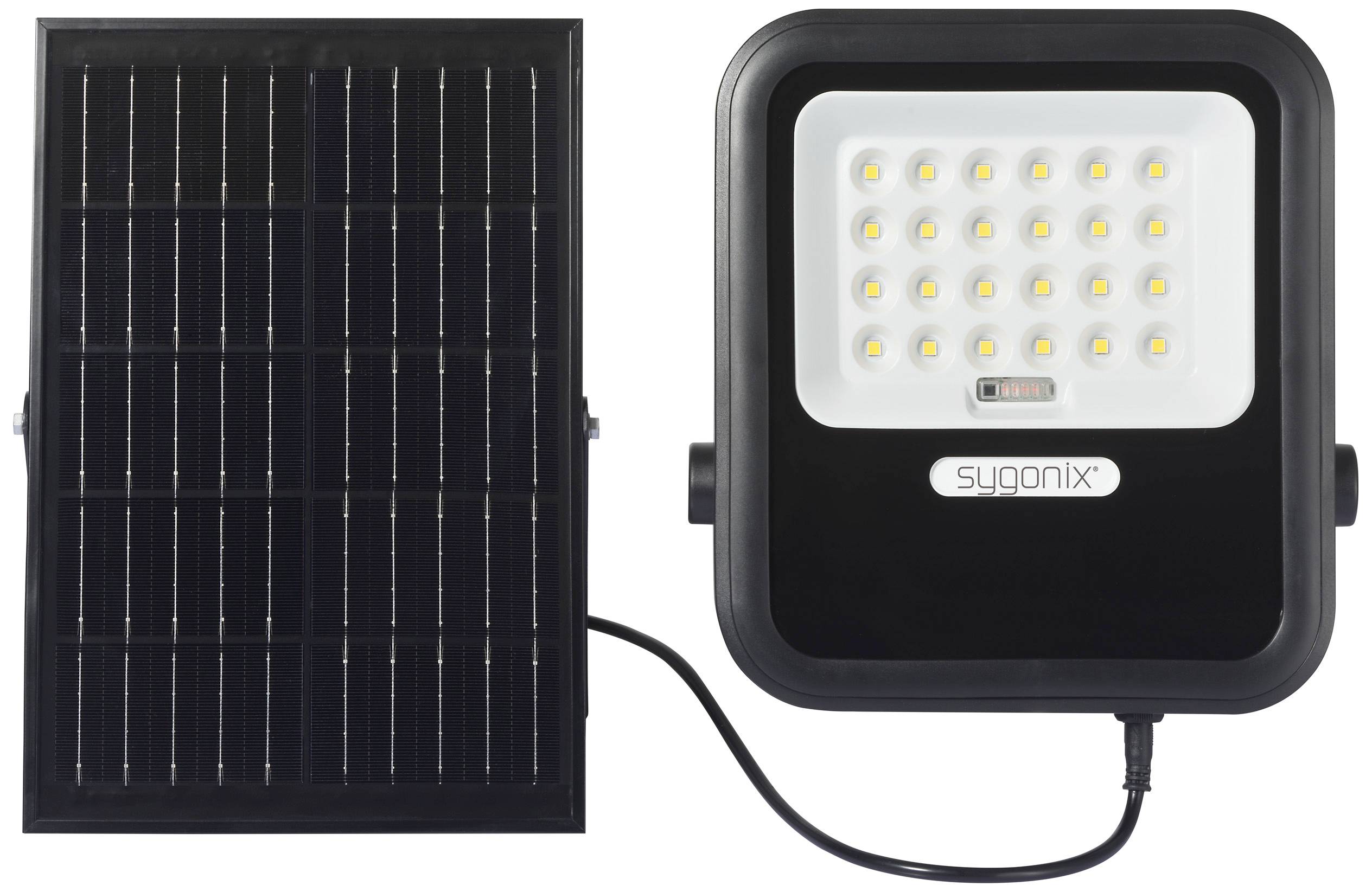 Solarstyrt LED-strålkastare med 21 LED-lampor, ansluten till en solpanel. Perfekt för energieffektiv utomhusbelysning.