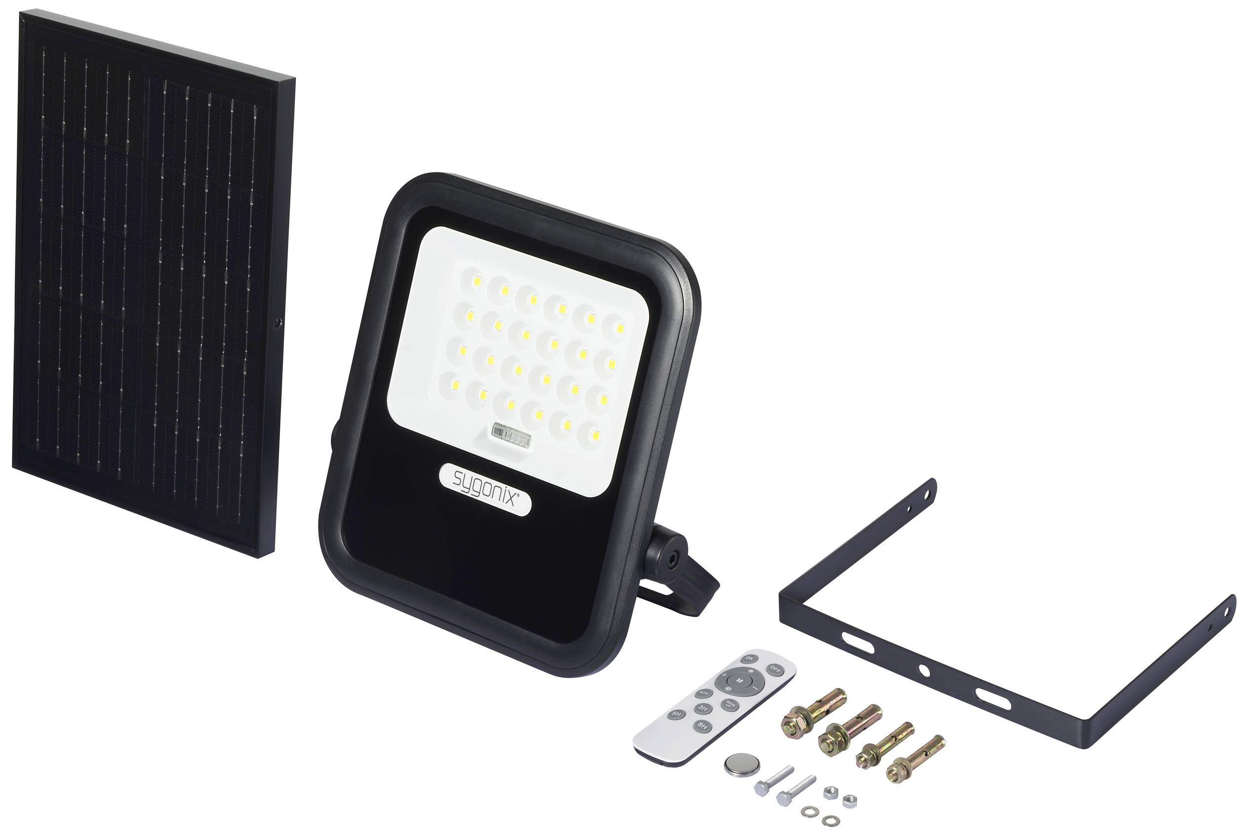 LED-solstrålkastarset med solpanel, fjärrkontroll och monteringsmaterial. Perfekt för energieffektiv utomhusbelysning.