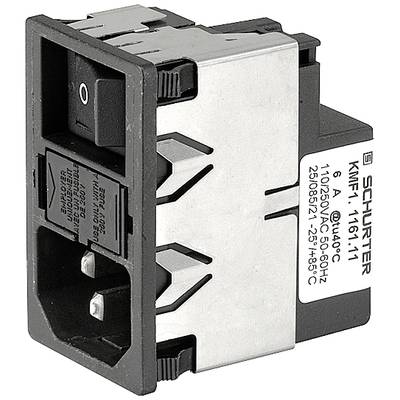 En svart nätströmbrytare med integrerad apparatstickkontakt och filter från Schurter, modell KMF, för 6A och spänning upp till 250VAC.