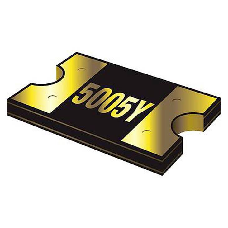 En liten rektangulär elektronisk chip med inskriptionen '5005Y' i mitten, inramad av guldkontakter.