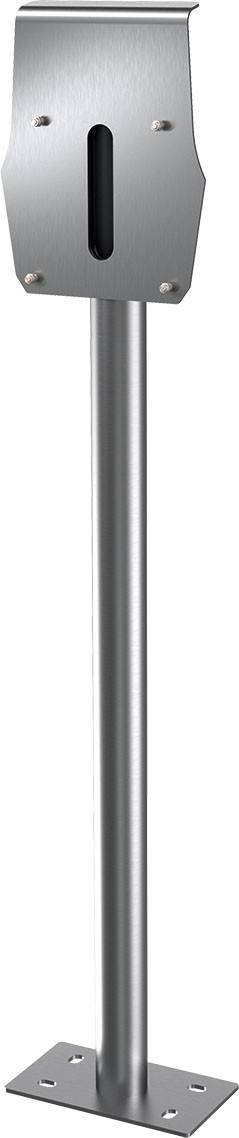 Silverfärgad metallställning med rektangulär bas och lång cylindrisk stång, används för montering eller stöd av utrustning.