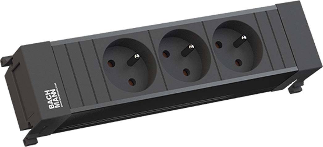 Svart bordsmultipel med tre uttag, lämplig för kontor eller hemmabruk.
