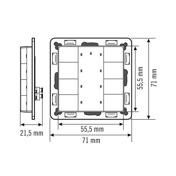 Främre och sidovy av en teknisk ritning av en kvadratisk omkopplare (55,5 x 71 mm) med en djupdimension på 21,5 mm.