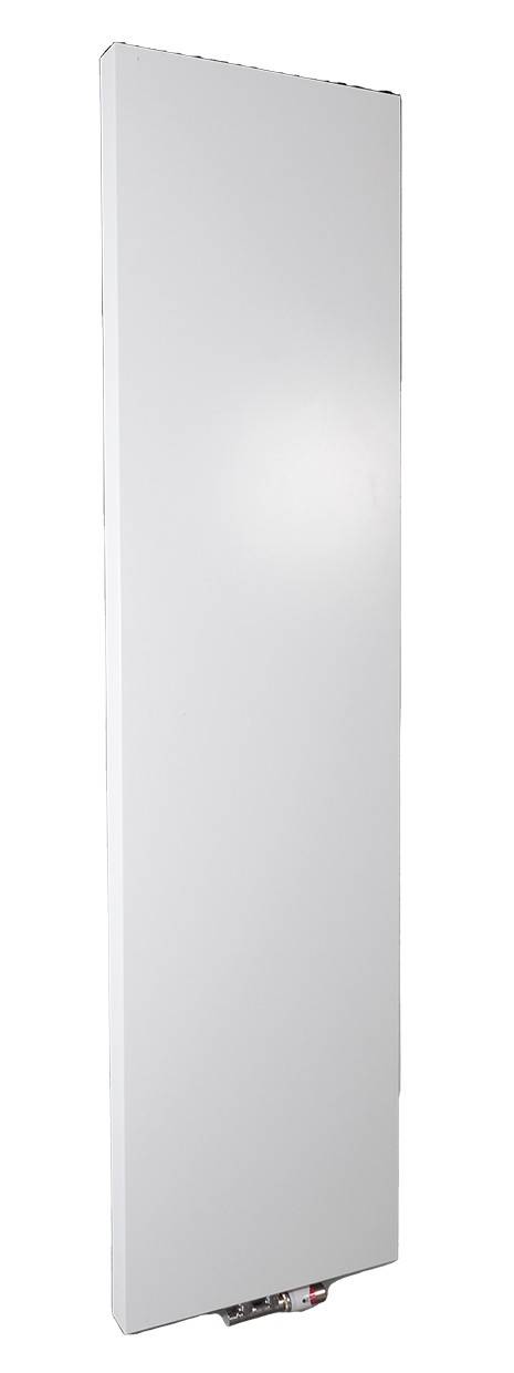 Vit, rektangulär radiator med slät yta, stående i vertikal position.