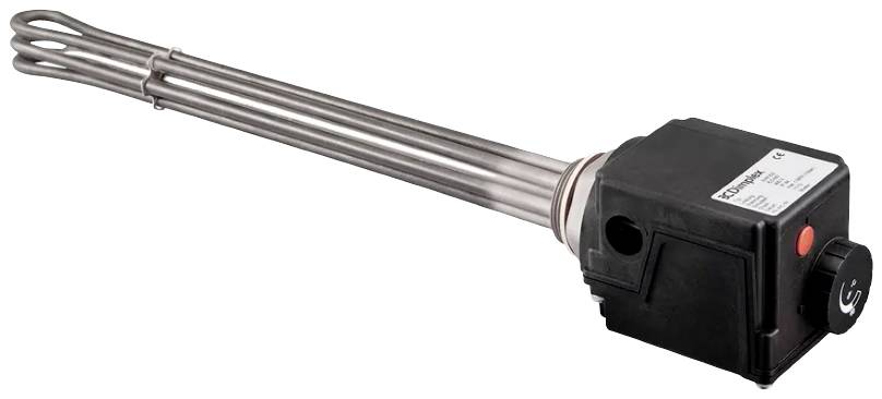 Värmeelement med svart hölje och vred, avsett för temperaturreglering i uppvärmningsenheter. Rostfria rör är samlade och förlängda.