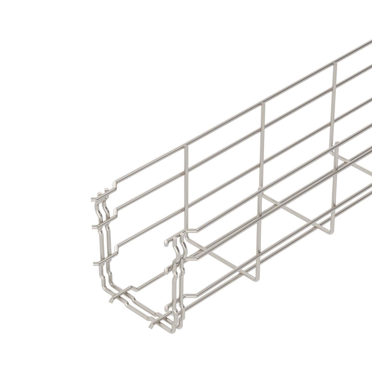 En metallkabelkorg för organisering av kablar, tillverkad av trådnät, rektangulär och öppen, för enkel montering och ventilation.