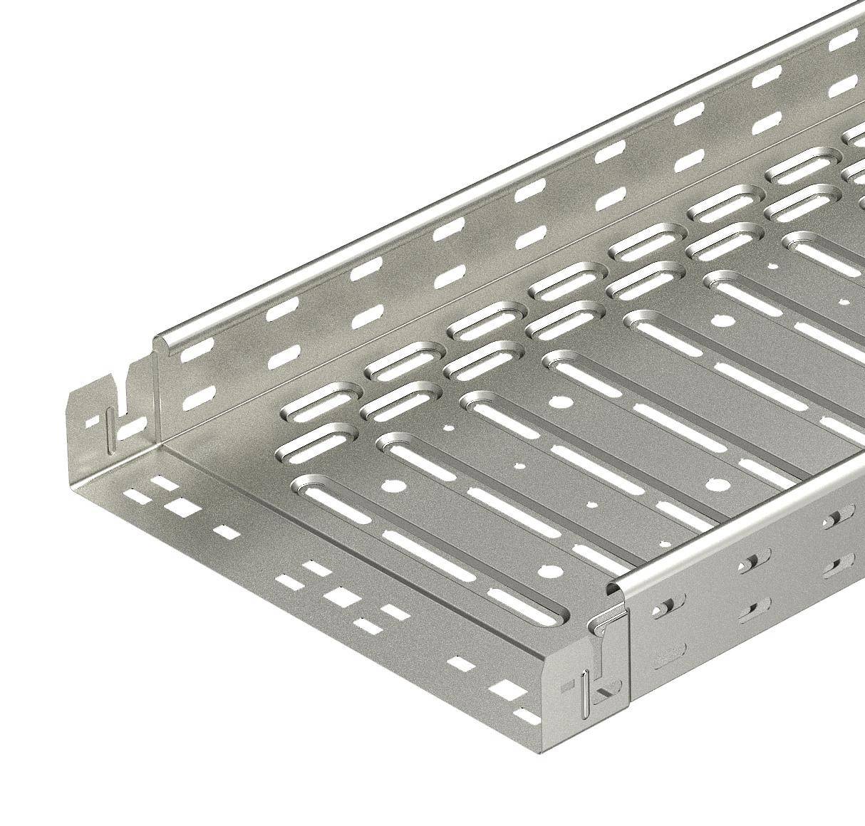 Metallskena med hål för kabelorganisation, silverfärgad, sidled monteringsvinkel, liggande plant på vit bakgrund.