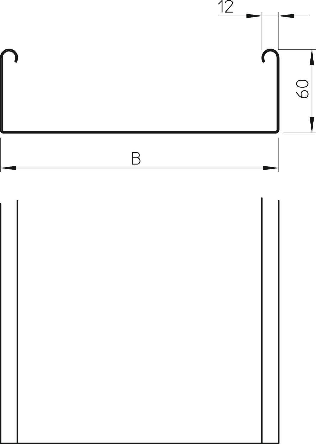 Teknisk ritning av en profil med måtten: övre bredd 'B', höjd 60 mm och rätvinklig skärning 12 mm för de sidliga inskärningarna.