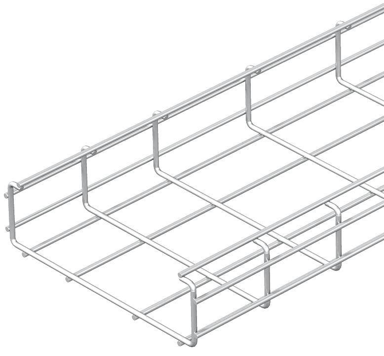 Metalliskt kabelstödsystem i rektangulär gallerform, använt för säker ledning och stöd för kablar i byggnader.