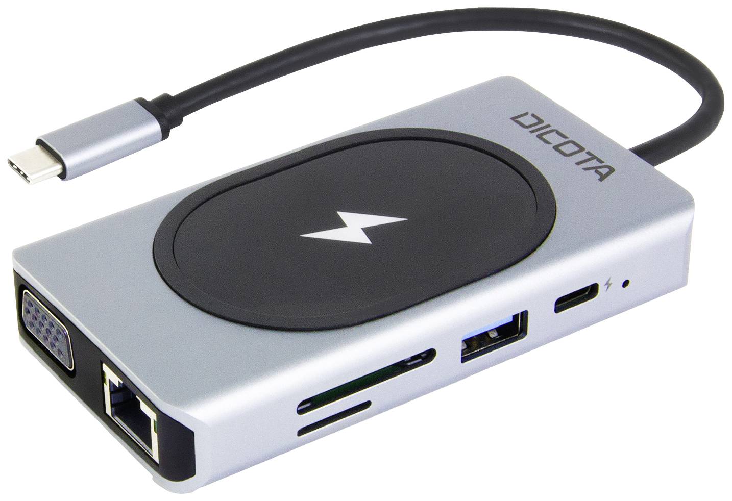 En silverfärgad USB-C-hubb med flera anslutningar: VGA, Ethernet, USB-A och SD-kortplats. Ovanpå finns en cirkelformad laddningsyta.