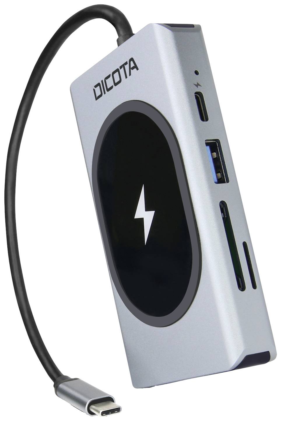 En bärbar USB-C-hubb med trådlös laddningsfunktion. Innehåller anslutningar för USB-enheter och SD-kort, i ett silverfärgat hölje.