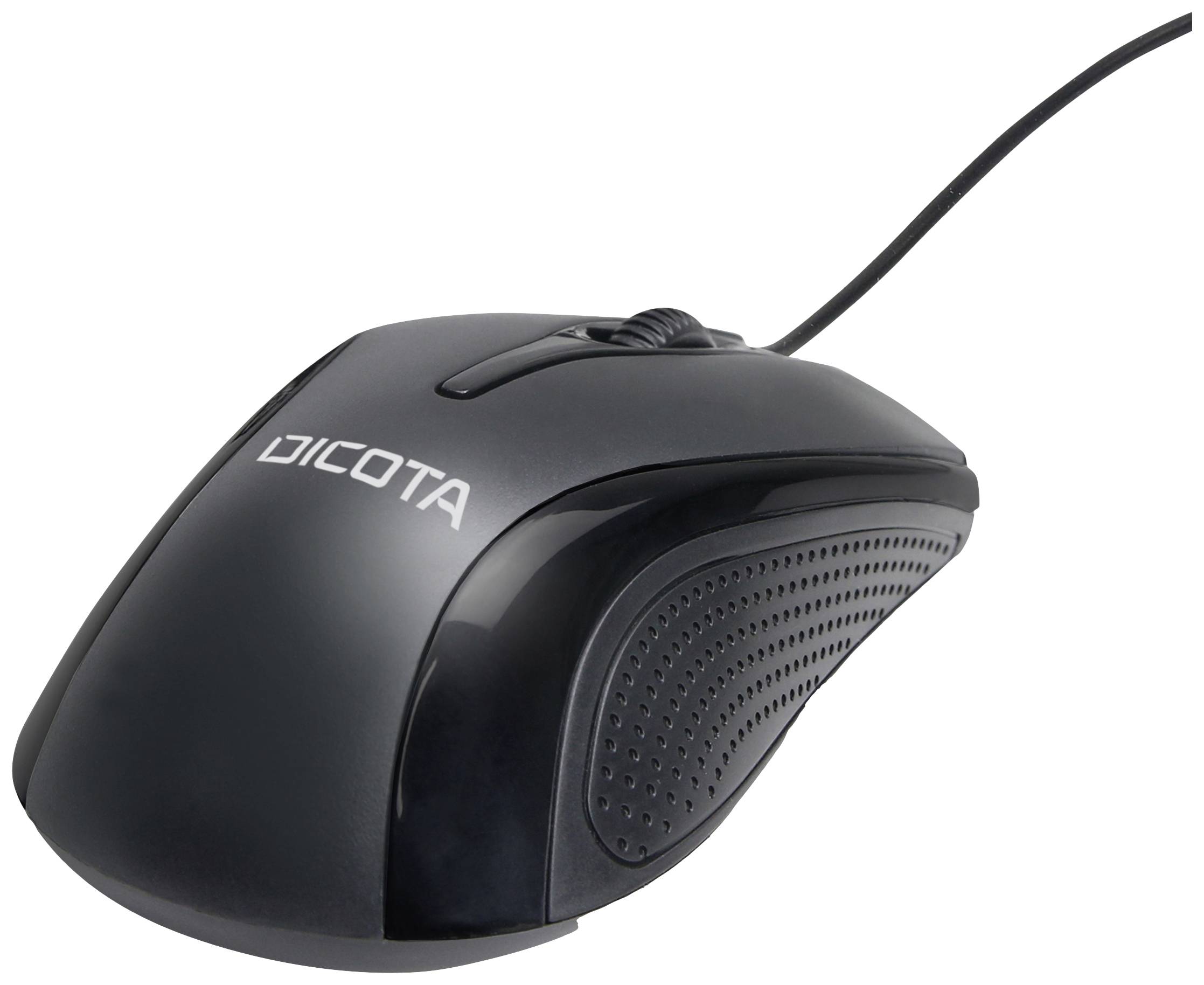 Svart, kabelansluten datormus med ergonomisk design och logotyp 'DICOTA' på ovansidan. Lämpad för höger hand.