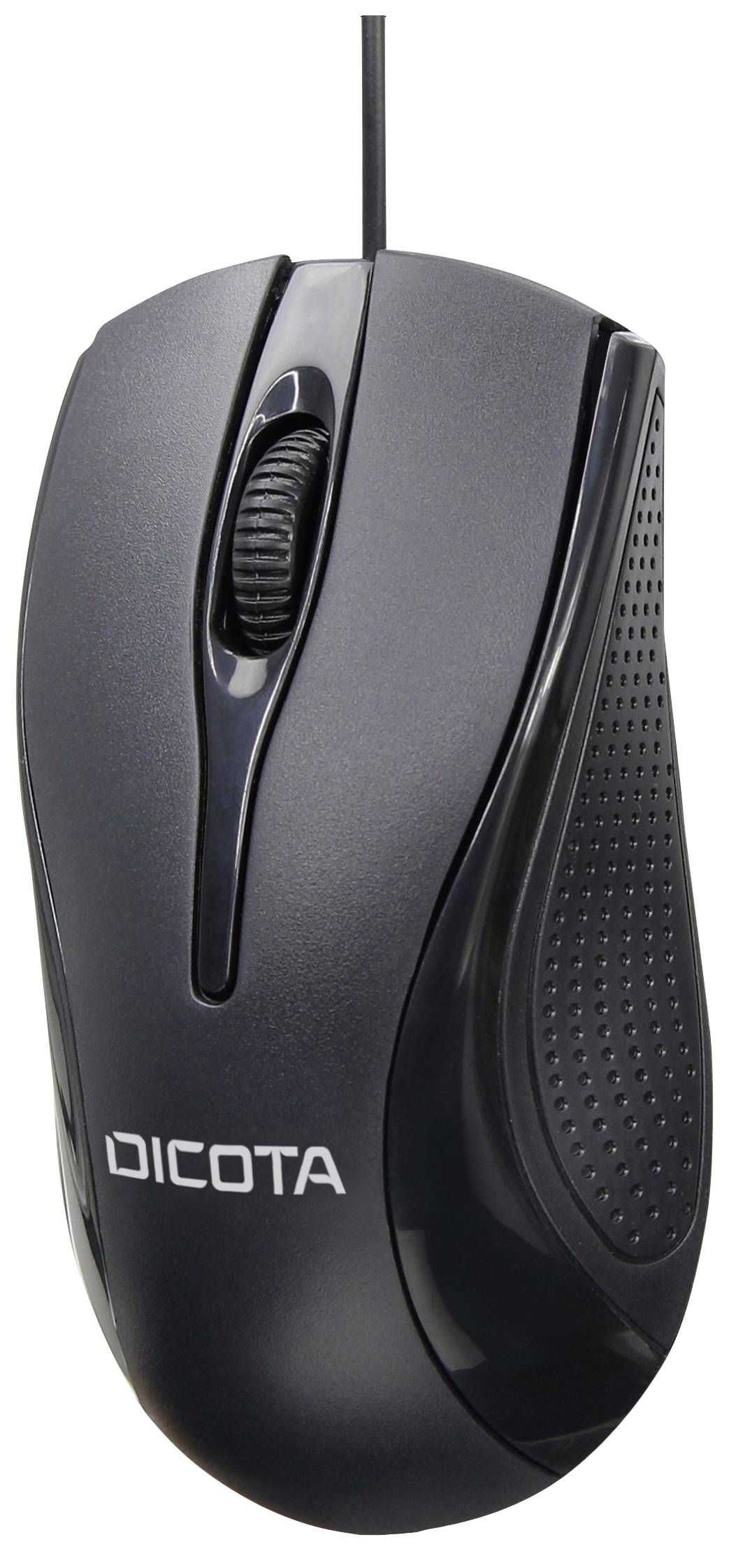 Datamus med sladd, svart ergonomisk design med synligt scrollhjul, märkt med 'Dicota'.