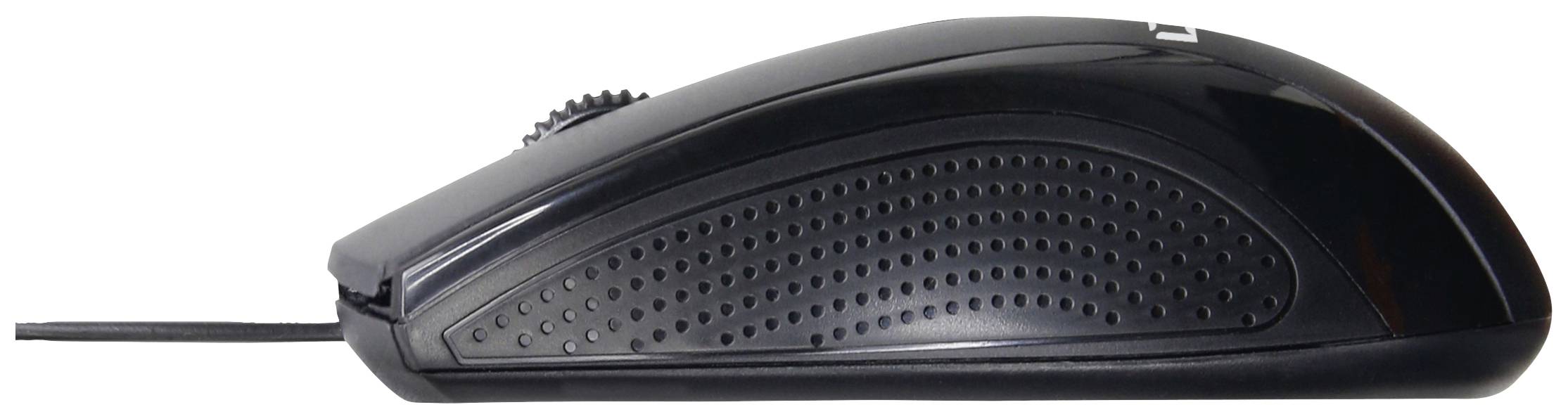 Svart datormus med kabel, sedd från sidan. Ergonomisk design med strukturerade sidor för bättre grepp.