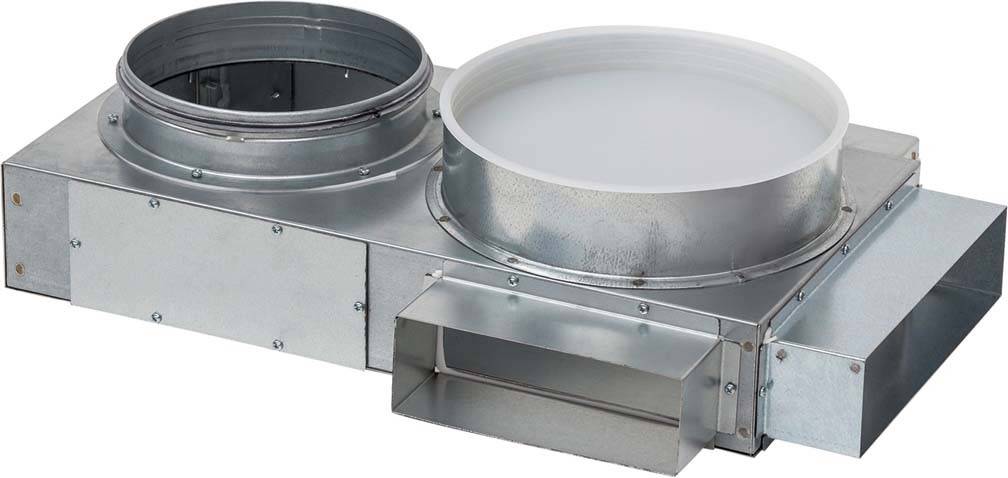 Ventilationskanal av metall med två runda öppningar, varav en synligt öppen. Används för ventilation eller luftkonditionering.