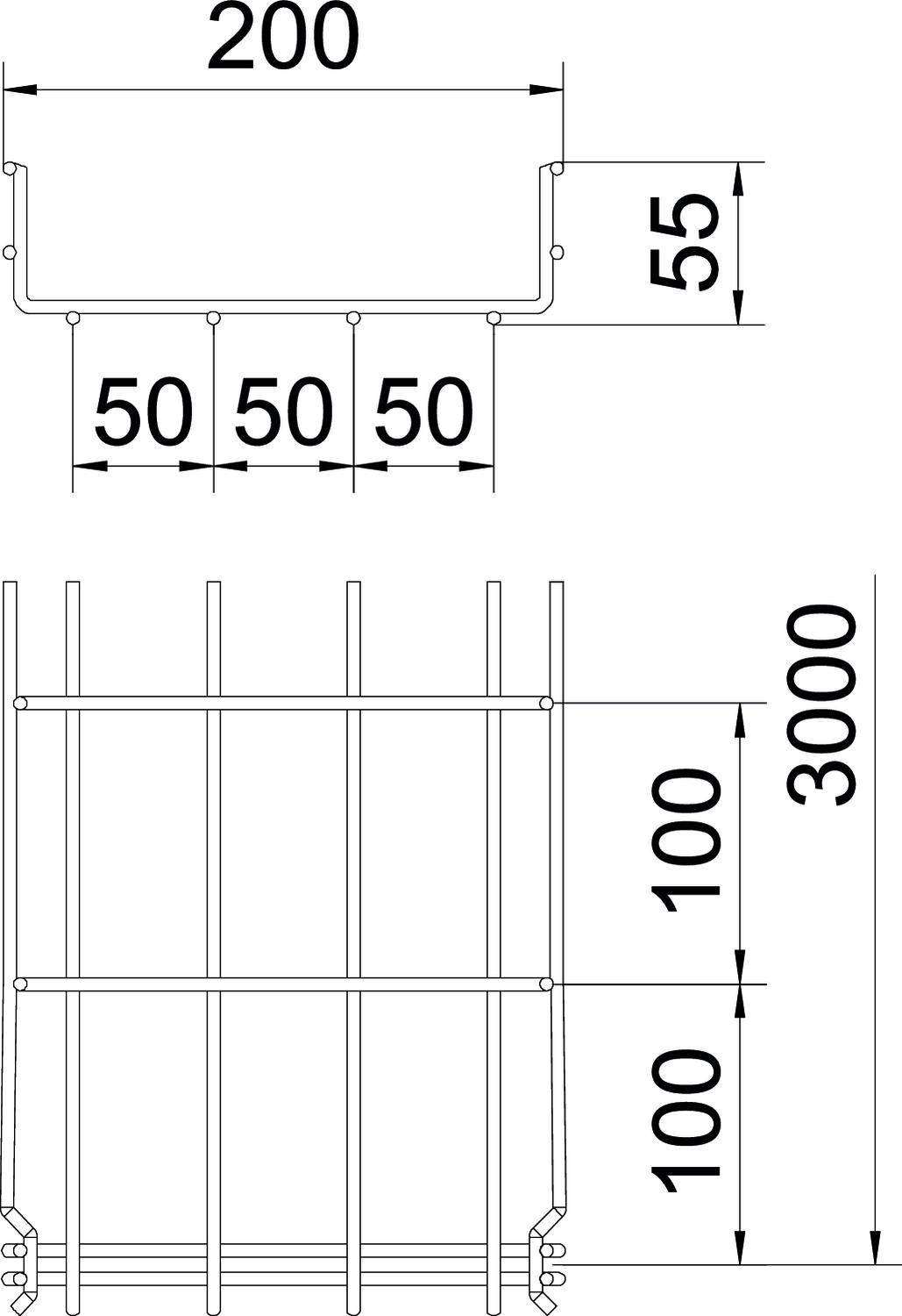 Teknisk ritning av ett metallgaller med dimensioner: bredd 200 mm, höjd 55 mm. Vertikala stänger med ett avstånd på 50 mm.
