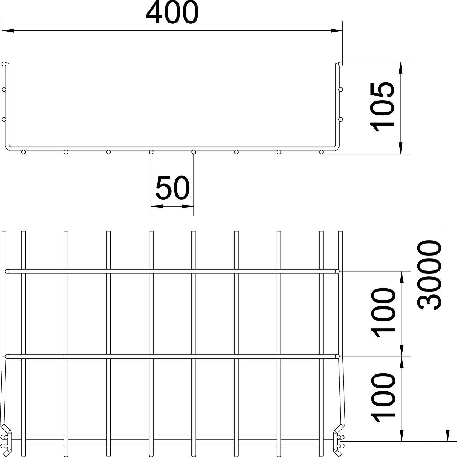 Teknisk ritning av ett stängsel med mått: bredd 400 cm, höjd 105 cm, nedre avstånd 50 cm; stängselhöjd 300 cm, stödbalkavstånd 100 cm.