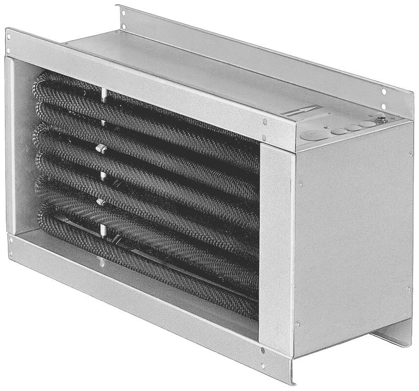 Metalliskt ventilationsaggregat med flera svarta värmeslingor inuti, avsett för användning i värmnings- eller ventilationssystem.