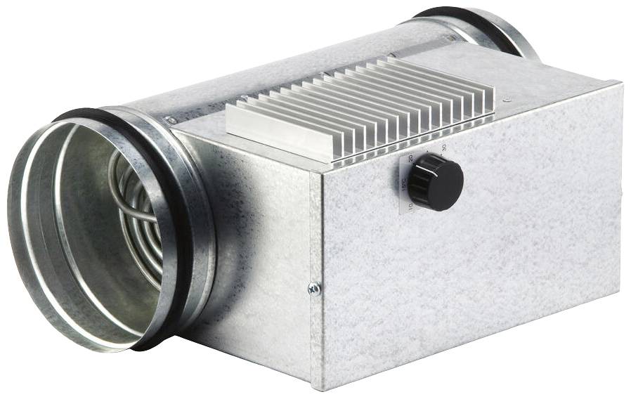 Metallisk ventilationsregulator med vred och ribbor för värmeavledning, lämplig för runda ventilationskanaler.