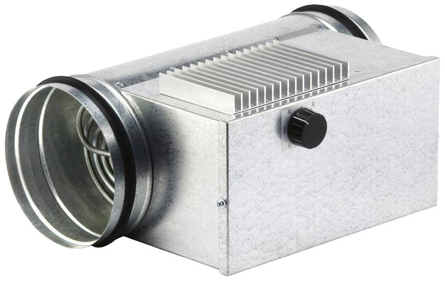 En rektangulär metallbox med en vred på sidan och två runda röranslutningar, sannolikt ett ventilationsaggregat.