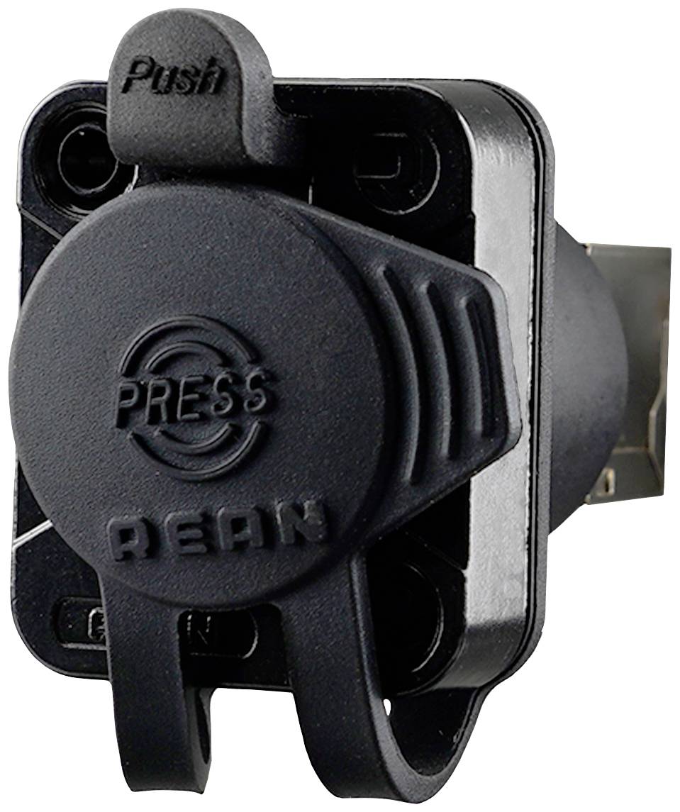 Svart, rektangulär kontaktdon med lock och texten 'PRESS' och 'PUSH'. Används för att skydda elektriska anslutningar.