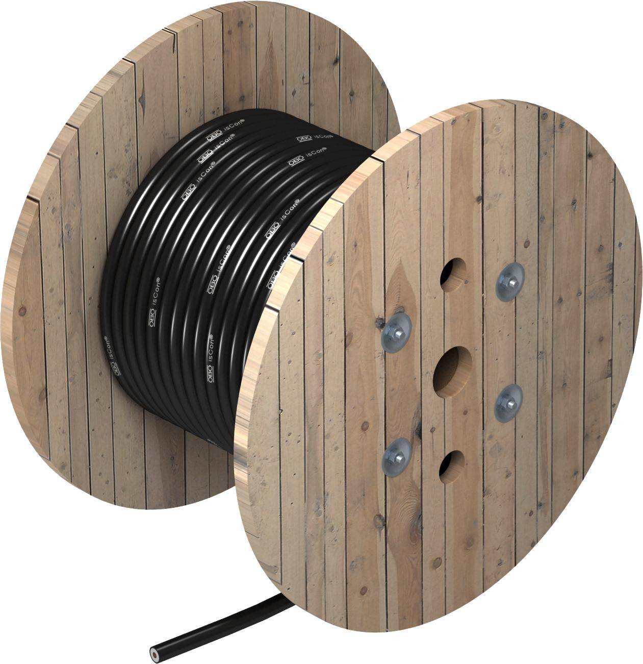 En stor träspolram med svart kabel lindad runt och en kort kabelbit som sticker ut.
