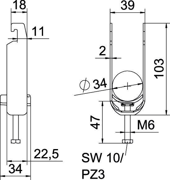 Teknisk ritning av en komponent med dimensioner i millimeter: höjd 103, bredd 39, gänga M6, kritiska mätvärden markerade.