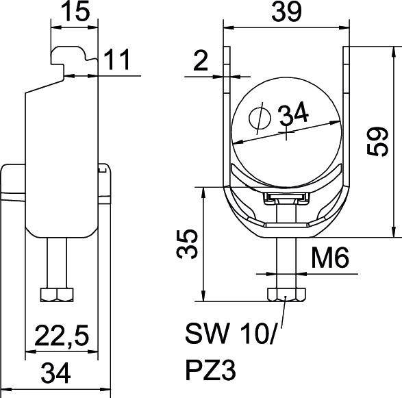 Teknisk ritning av fästningselement med mått: 39x59 mm, håldiameter 34 mm, skruv M6, sexkantnyckelmått SW 10, PZ3.