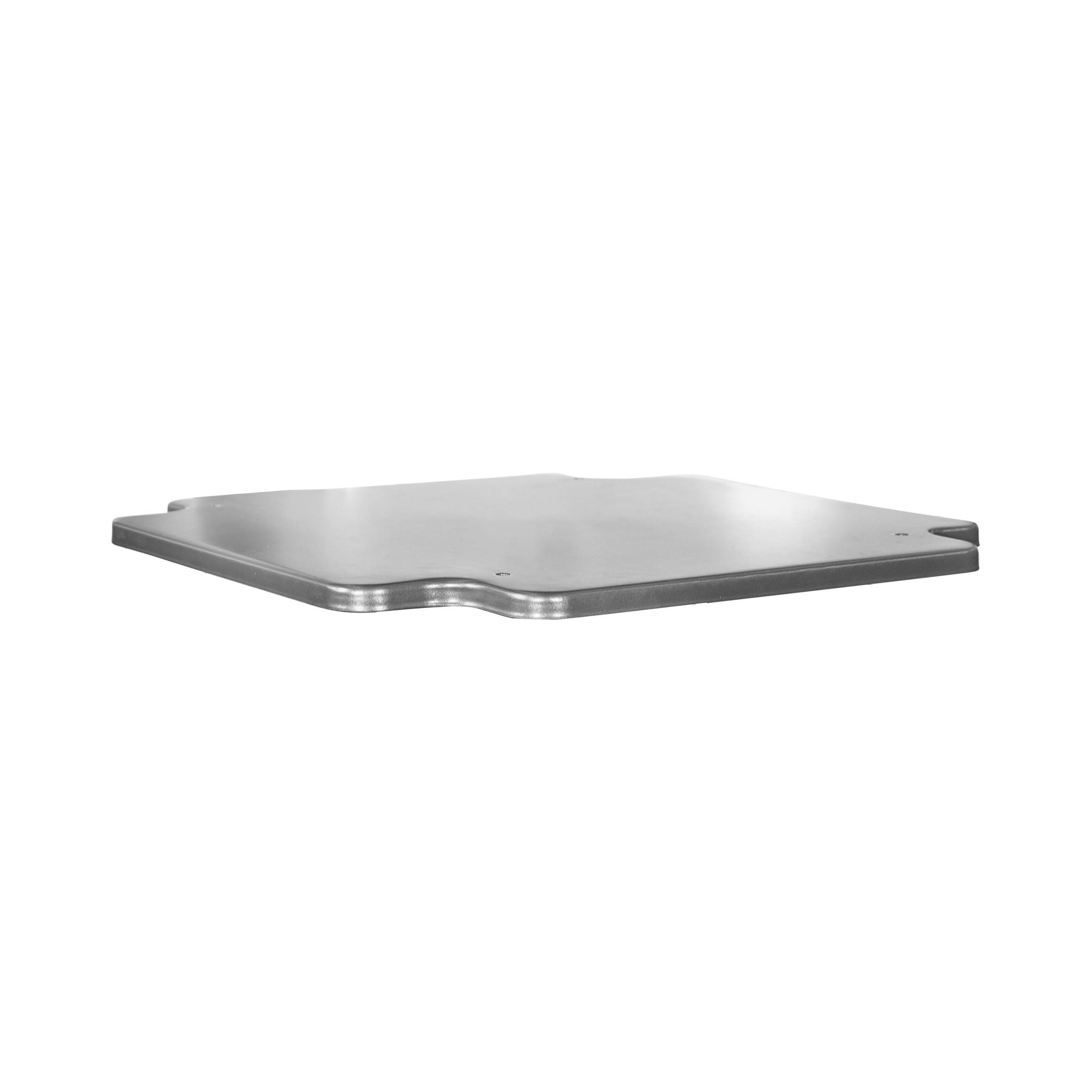 Metallplatta med slät yta och avrundade hörn, avbildad på en vit bakgrund.