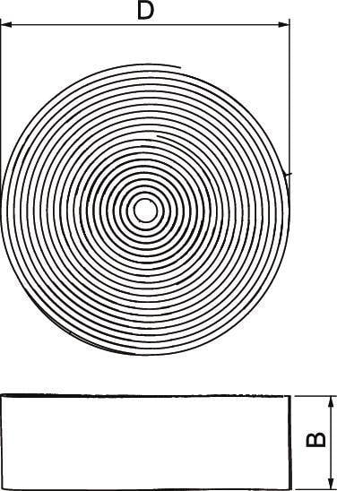 Spiralformad vy uppifrån av en tråd med diameter 'D' och bredd 'B'. Diagrammet visar strukturen och dimensioneringen.