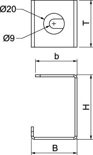 Teknisk ritning av en U-profil med mått: Bredd 'b', Höjd 'H', Total höjd 'T', Basbredd 'B'. Håltagningar med diametrarna 20 mm och 9 mm markerade.
